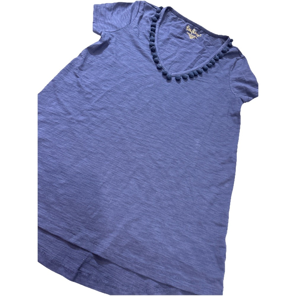 Lilly Pulitzer Etta Top Pima Cotton Navy Blue Pom Poms V-Neck‎ Women's XXS